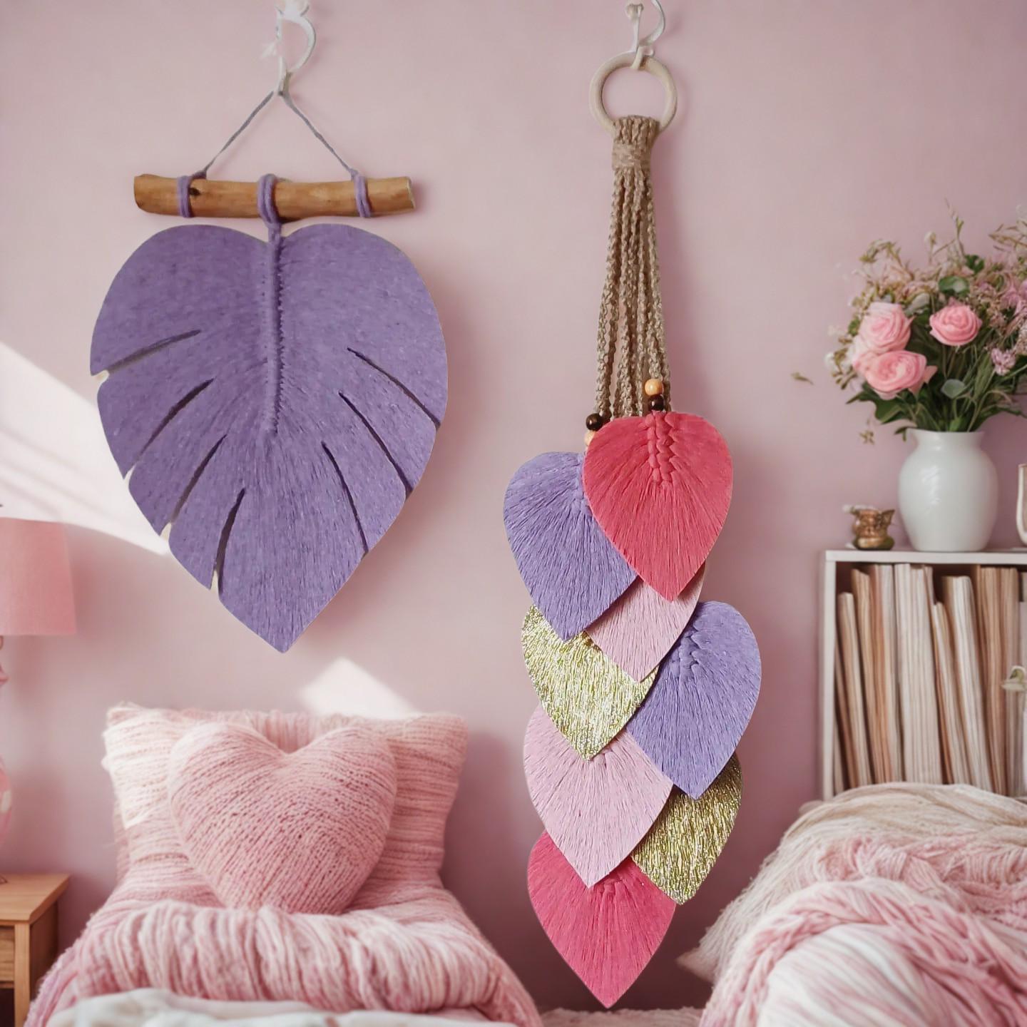 Macramé mural personnalisé avec feuilles et pendules – fait main au Maroc par Zaynah