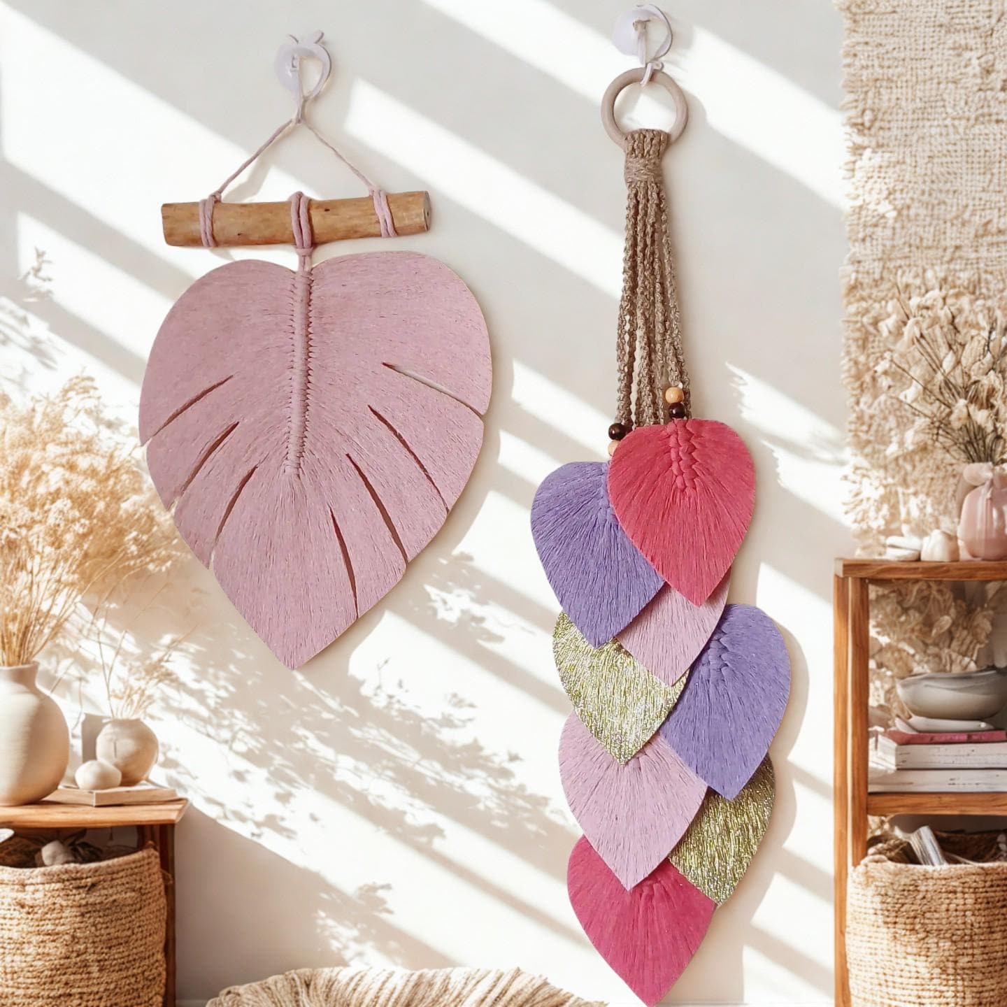 Macramé mural personnalisé avec feuilles et pendules – fait main au Maroc par Zaynah