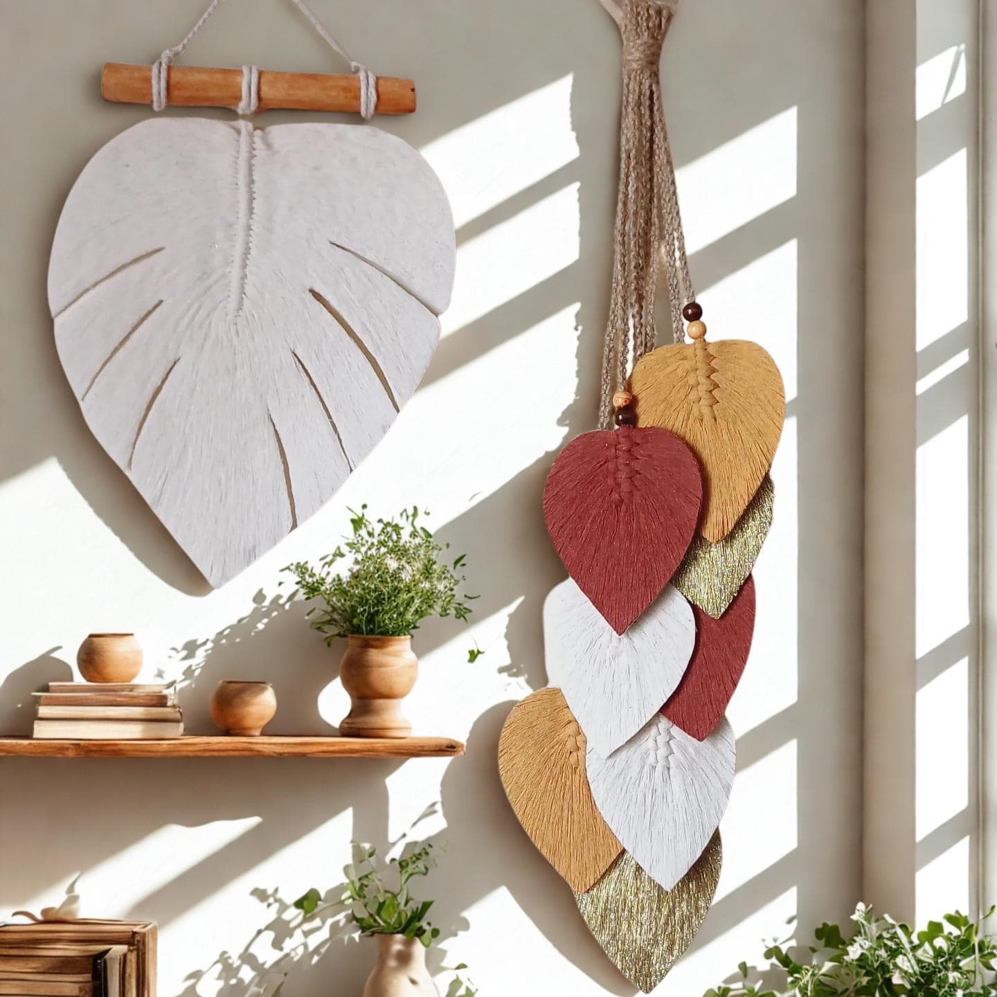 Macramé mural personnalisé avec feuilles et pendules – fait main au Maroc par Zaynah