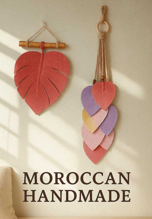 Macramé mural personnalisé avec feuilles et pendules – fait main au Maroc par Zaynah

