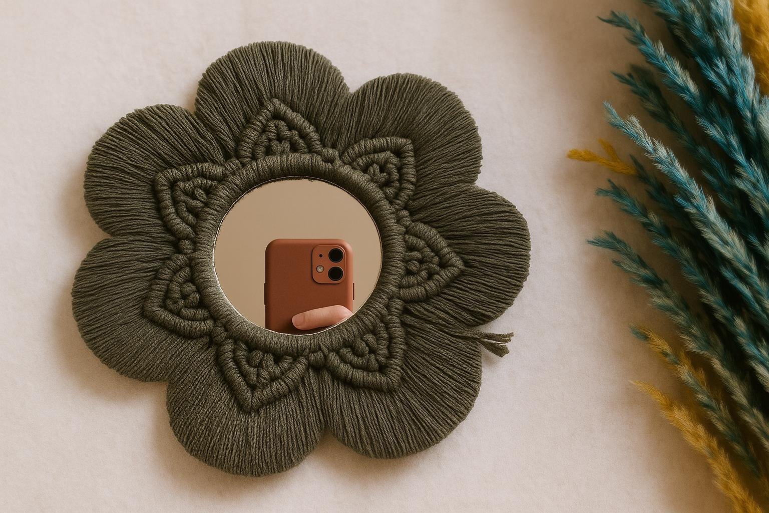 "Miroir mural macramé fait main – design bohème en coton naturel par Zaynah Maroc"

