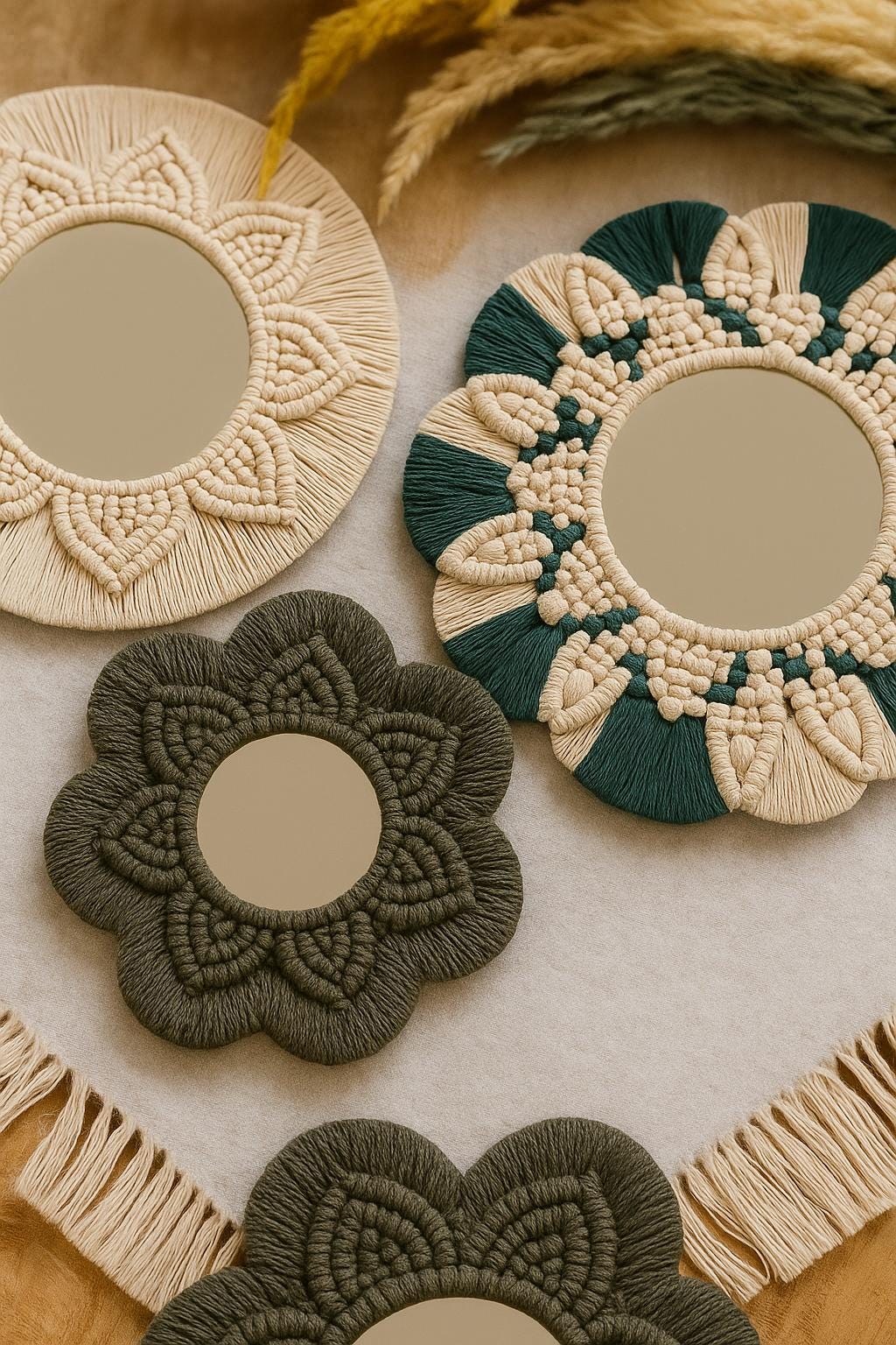 "Miroir mural macramé fait main – design bohème en coton naturel par Zaynah Maroc"

