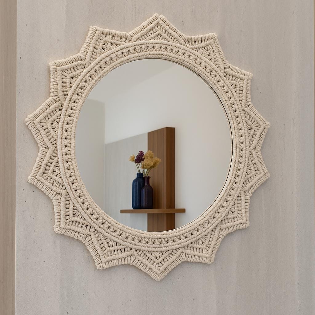 "Miroir mural macramé fait main – design bohème en coton naturel par Zaynah Maroc"

